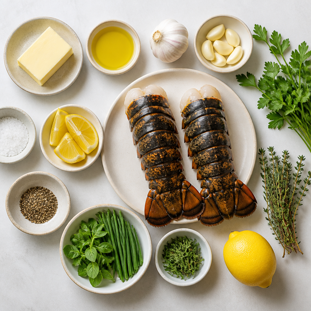 Overhead flat-lay of all ingredients for Lobster Tail With Garlic Herb Butter laid out on a kitchen surface.