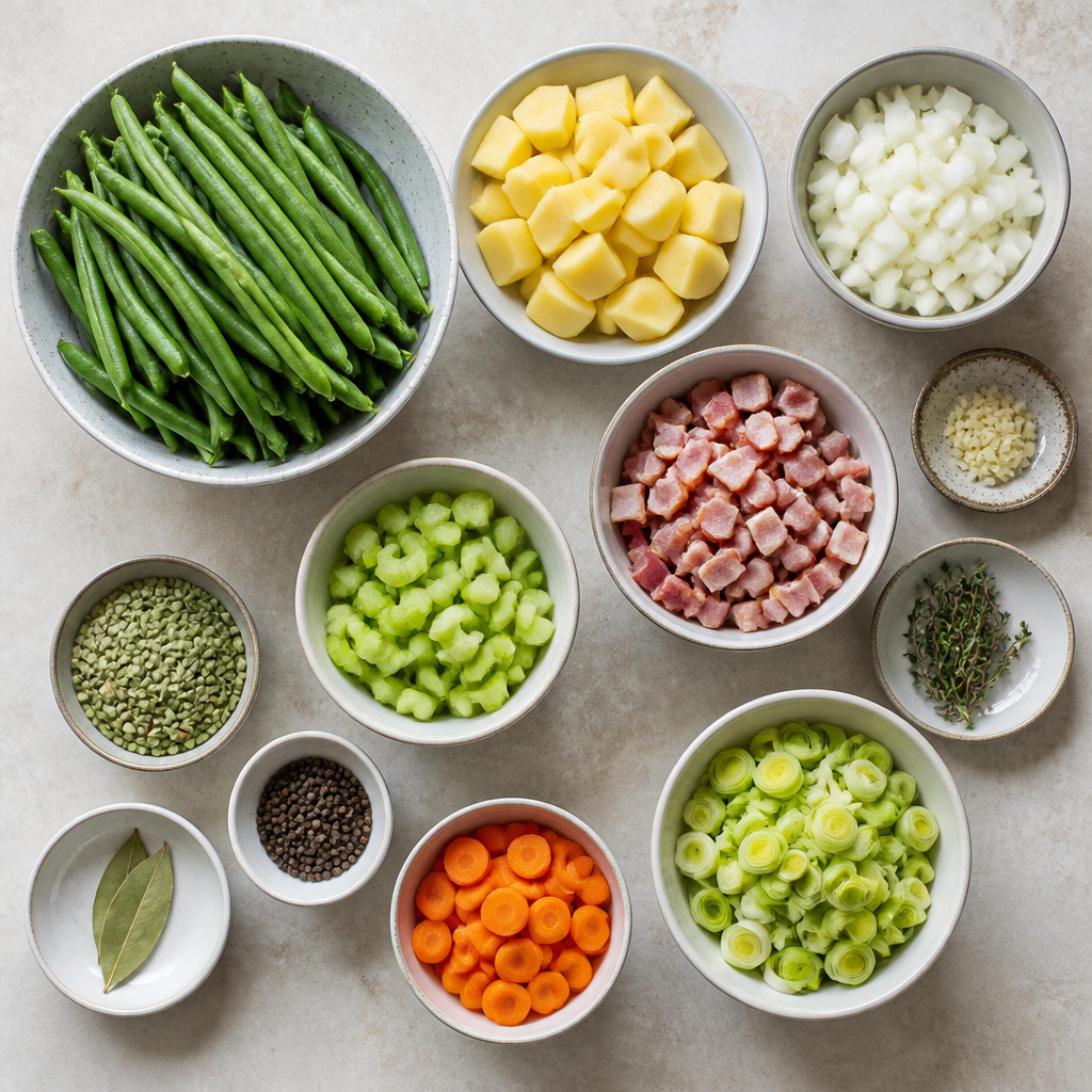 Overhead flat-lay of all ingredients for Luxembourgish Green Bean Soup (Bouneschlupp) with Bacon laid out on a kitchen surface.