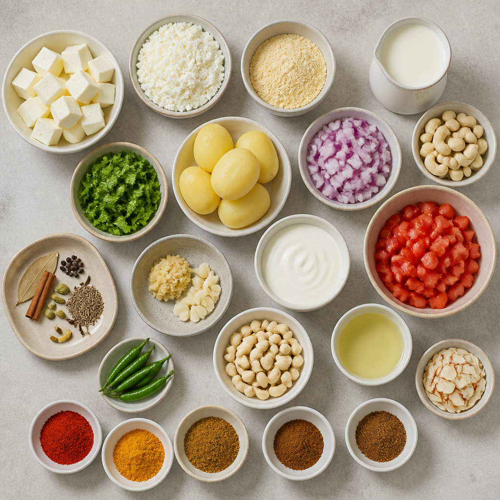 Overhead flat-lay of all ingredients for Malai Kofta Recipe with Creamy Cashew Gravy laid out on a kitchen surface.