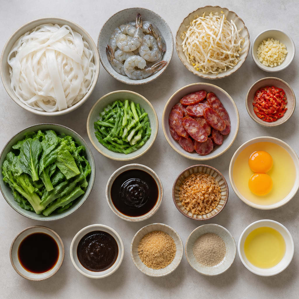 Overhead flat-lay of all ingredients for Malaysian Char Kway Teow with Prawns and Lap Cheong laid out on a kitchen surface.