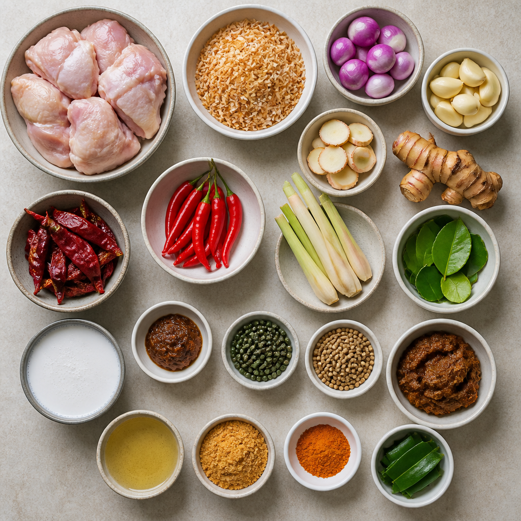 Overhead flat-lay of all ingredients for Malaysian Chicken Rendang with Toasted Coconut and Galangal laid out on a kitchen surface.