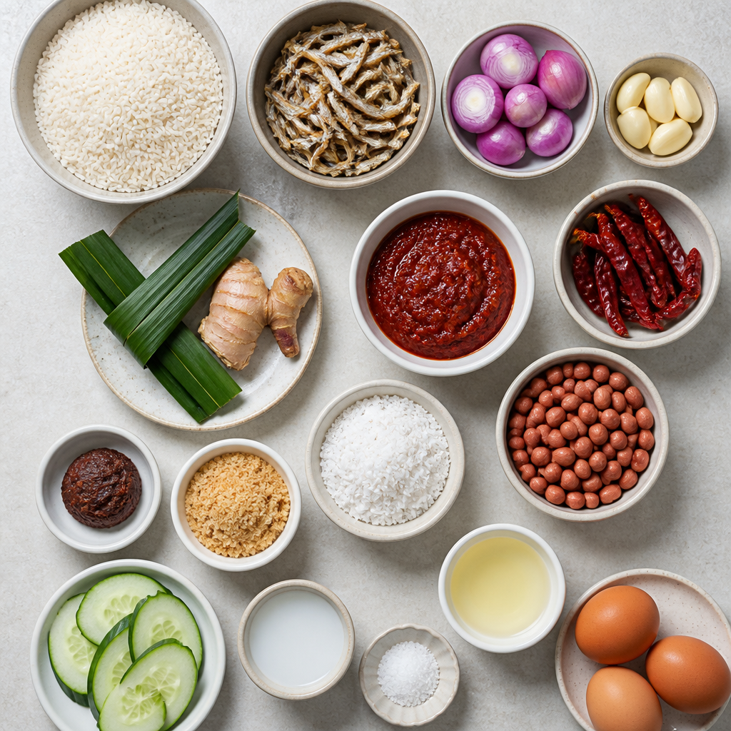 Overhead flat-lay of all ingredients for Malaysian Nasi Lemak Recipe with Spicy Sambal Ikan Bilis laid out on a kitchen surface.