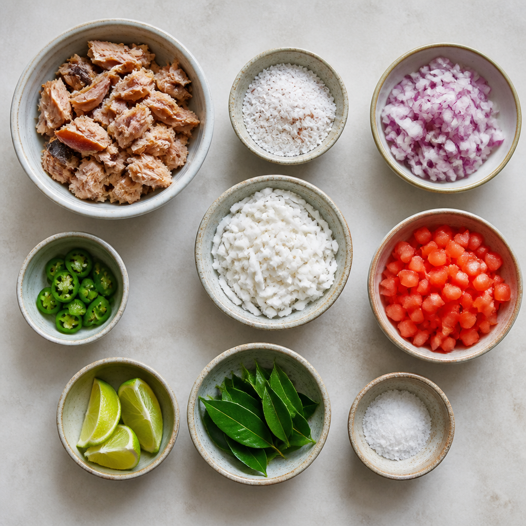 Overhead flat-lay of all ingredients for Maldivian Mas Huni Recipe with Smoked Tuna and Coconut laid out on a kitchen surface.