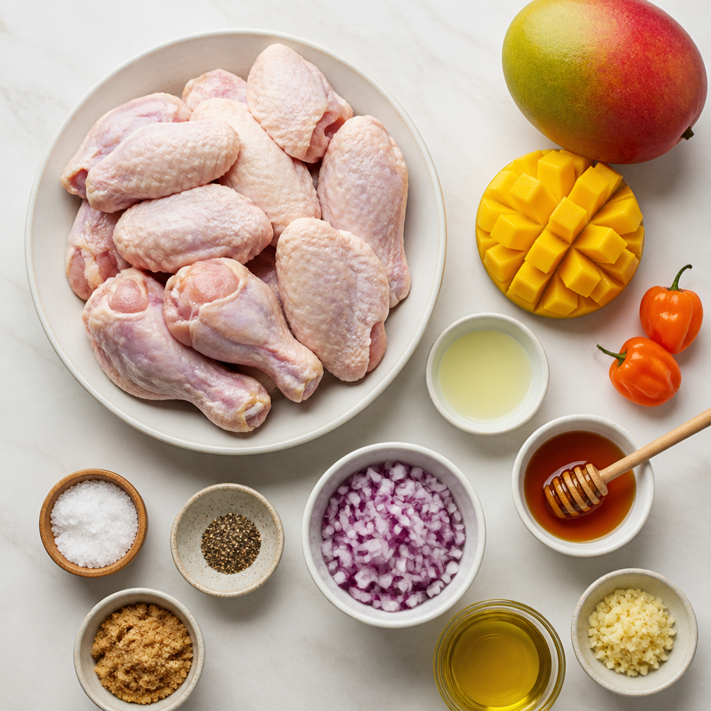 Overhead flat-lay of all ingredients for Mango Habanero Glazed Chicken Wings laid out on a kitchen surface.