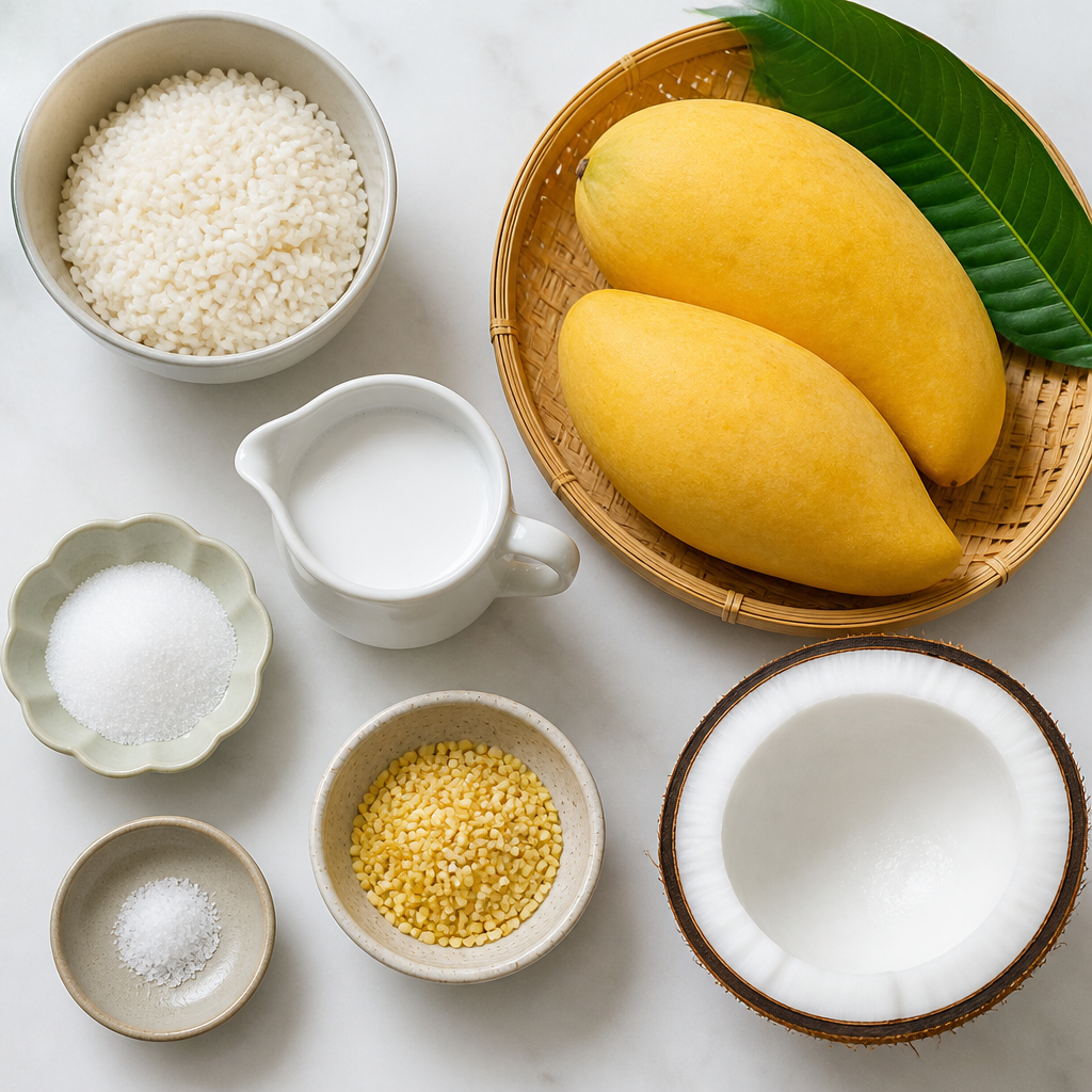 Overhead flat-lay of all ingredients for Mango Sticky Rice With Salted Coconut Cream laid out on a kitchen surface.