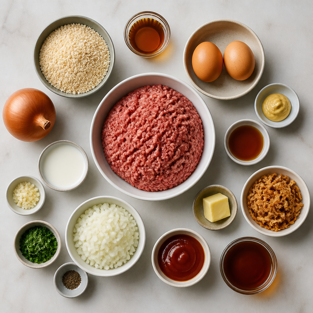 Overhead flat-lay of all ingredients for Maple-Bourbon Glazed Meatloaf with Crispy Fried Shallots laid out on a kitchen surface.