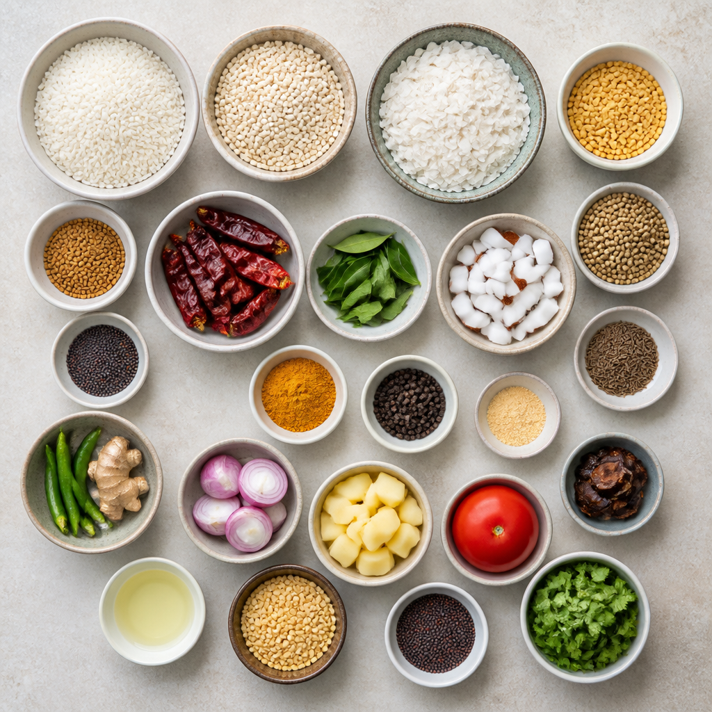 Overhead flat-lay of all ingredients for Masala Dosa Recipe with Coconut Chutney and Sambar laid out on a kitchen surface.