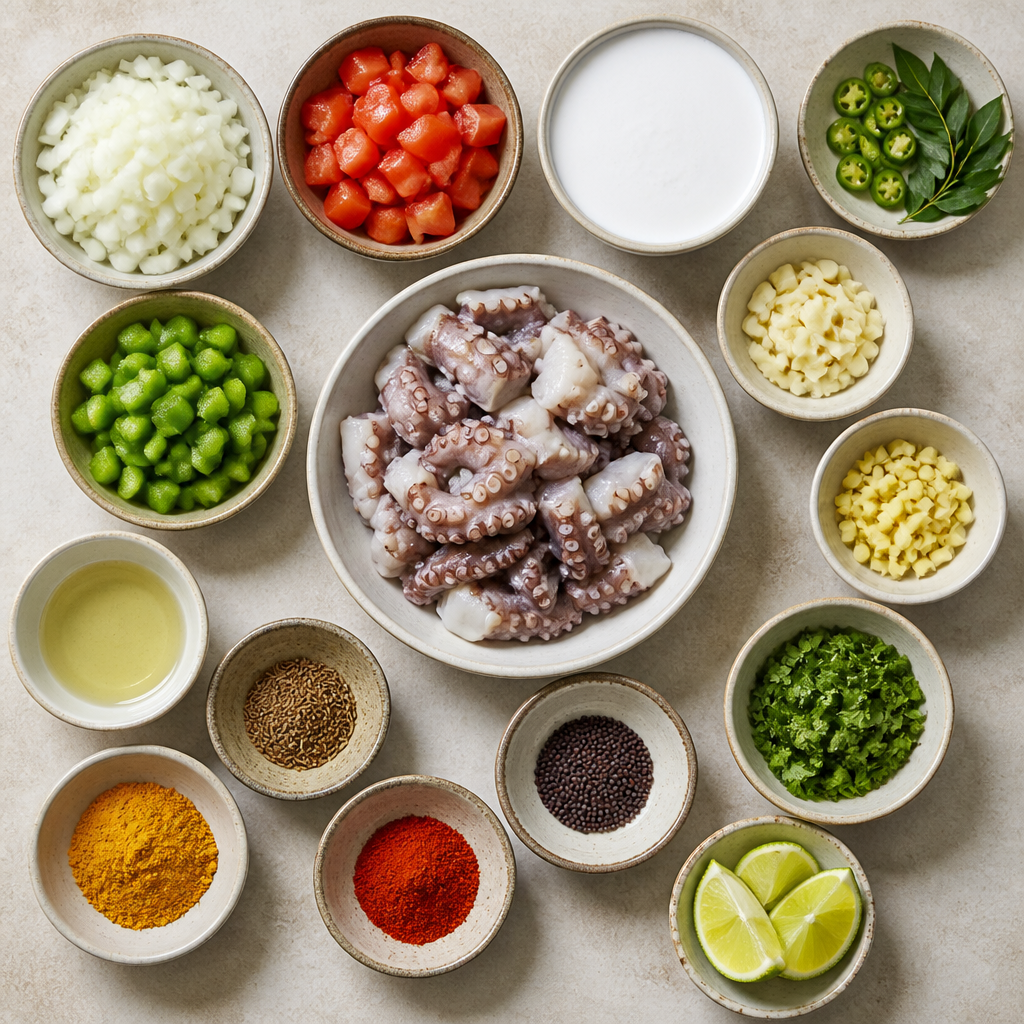 Overhead flat-lay of all ingredients for Mauritian Octopus Curry with Coconut Milk and Turmeric laid out on a kitchen surface.