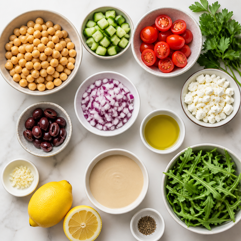 Overhead flat-lay of all ingredients for Mediterranean Chickpea Salad With Lemon Tahini laid out on a kitchen surface.