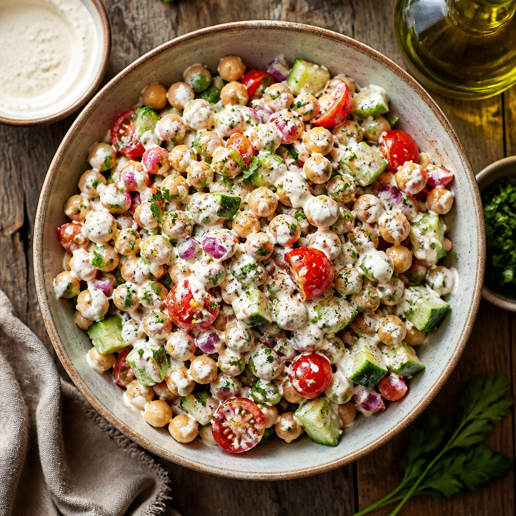 Mediterranean Chickpea Salad With Lemon Tahini — Mediterranean Salad served and photographed from above