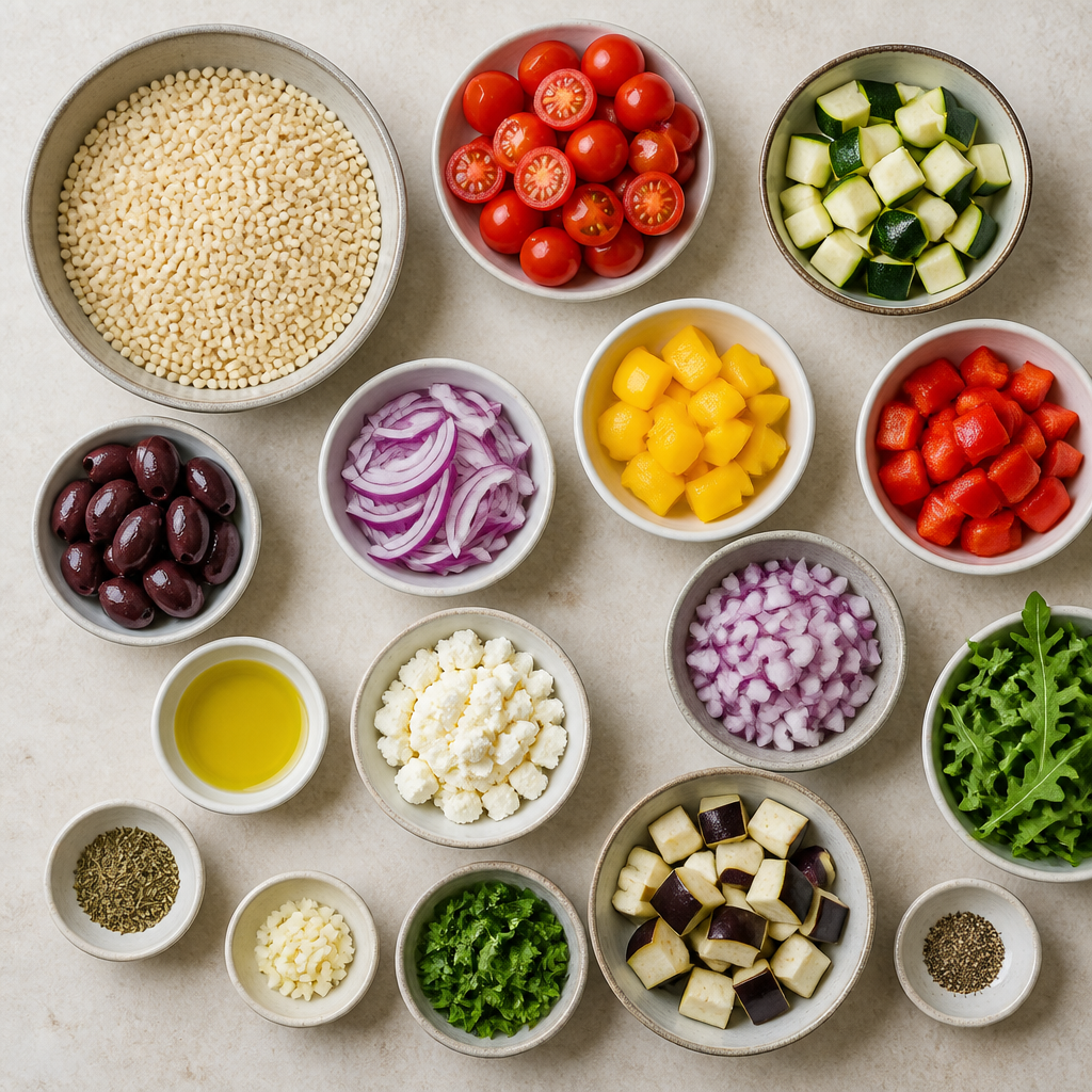 Overhead flat-lay of all ingredients for Mediterranean Israeli Couscous Salad with Grilled Vegetables laid out on a kitchen surface.