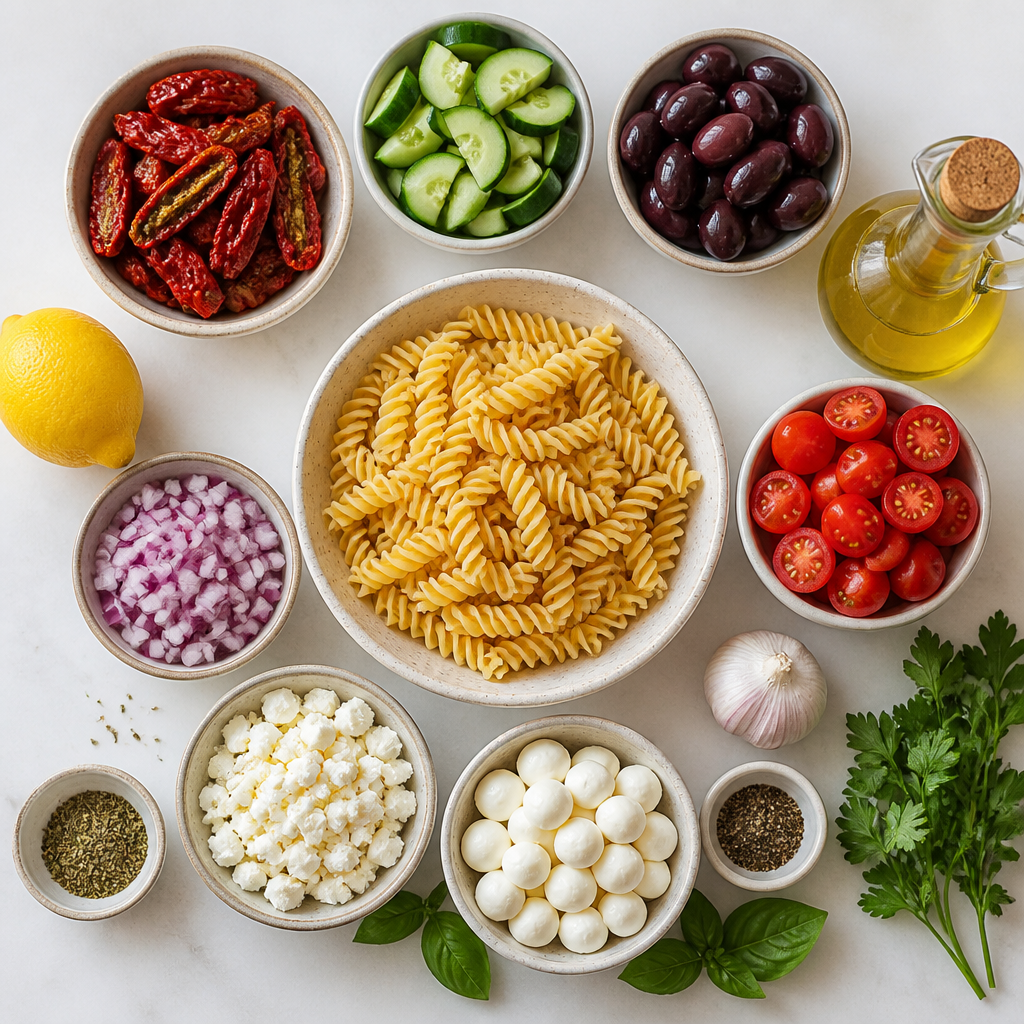 Overhead flat-lay of all ingredients for Mediterranean Pasta Salad With Sun Dried Tomatoes laid out on a kitchen surface.