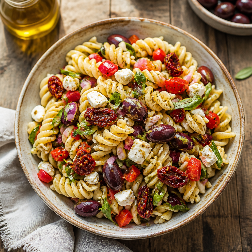 Mediterranean Pasta Salad With Sun Dried Tomatoes — Mediterranean Salad served and photographed from above