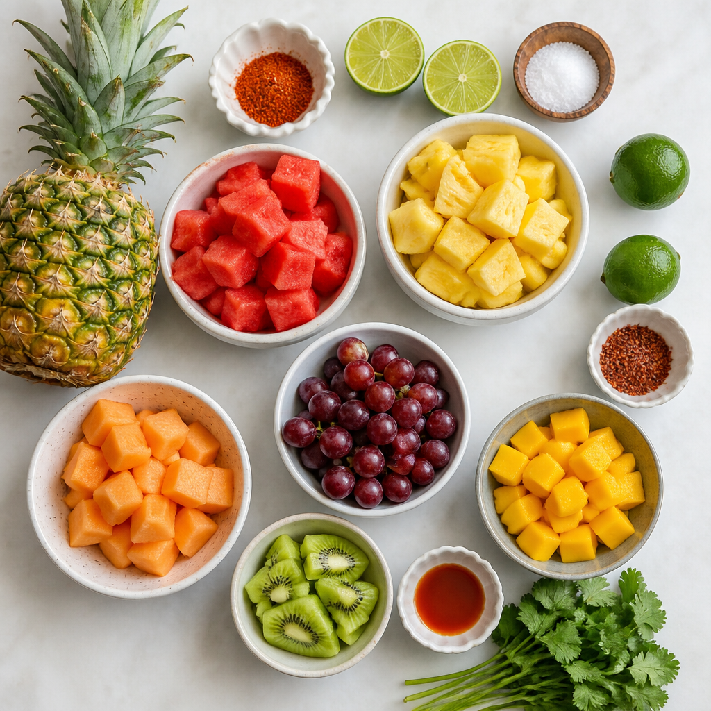 Overhead flat-lay of all ingredients for Mexican Fruit Salad With Chili Lime Seasoning laid out on a kitchen surface.