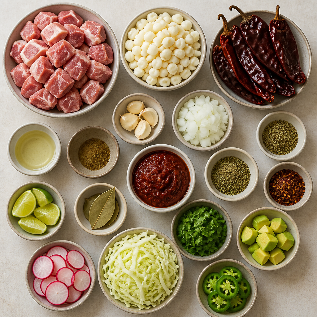 Overhead flat-lay of all ingredients for Mexican Pozole Rojo with Pork and Guajillo Chile laid out on a kitchen surface.