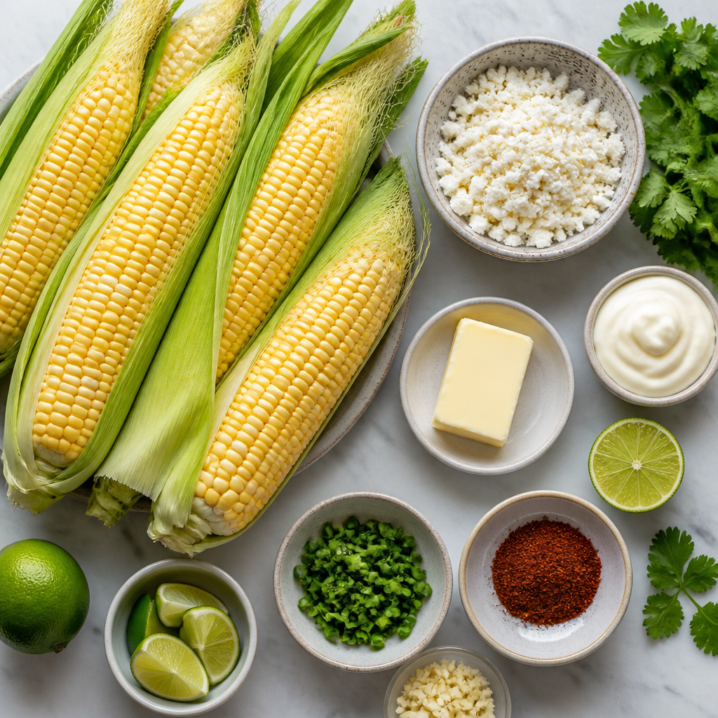 Overhead flat-lay of all ingredients for Mexican Street Corn With Cotija Cheese laid out on a kitchen surface.