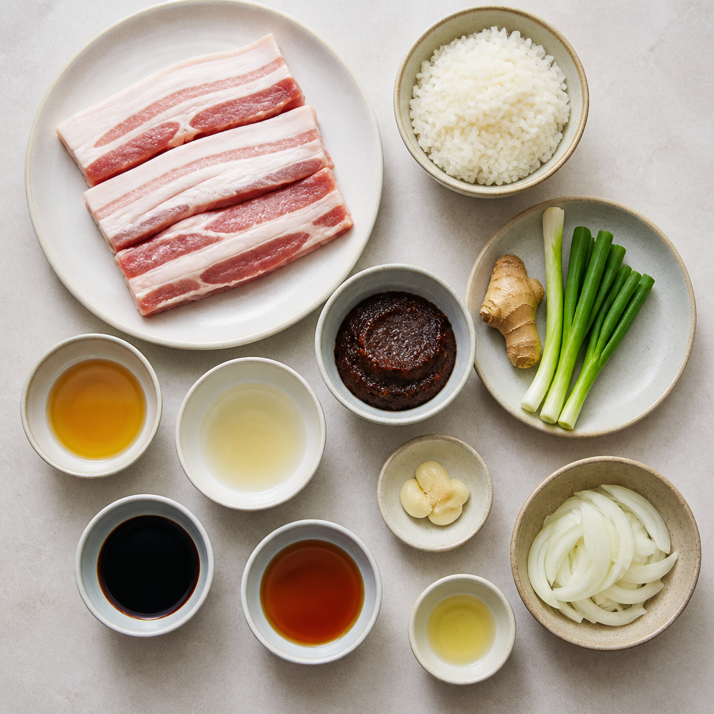 Overhead flat-lay of all ingredients for Miso-Glazed Pork Belly Donburi laid out on a kitchen surface.
