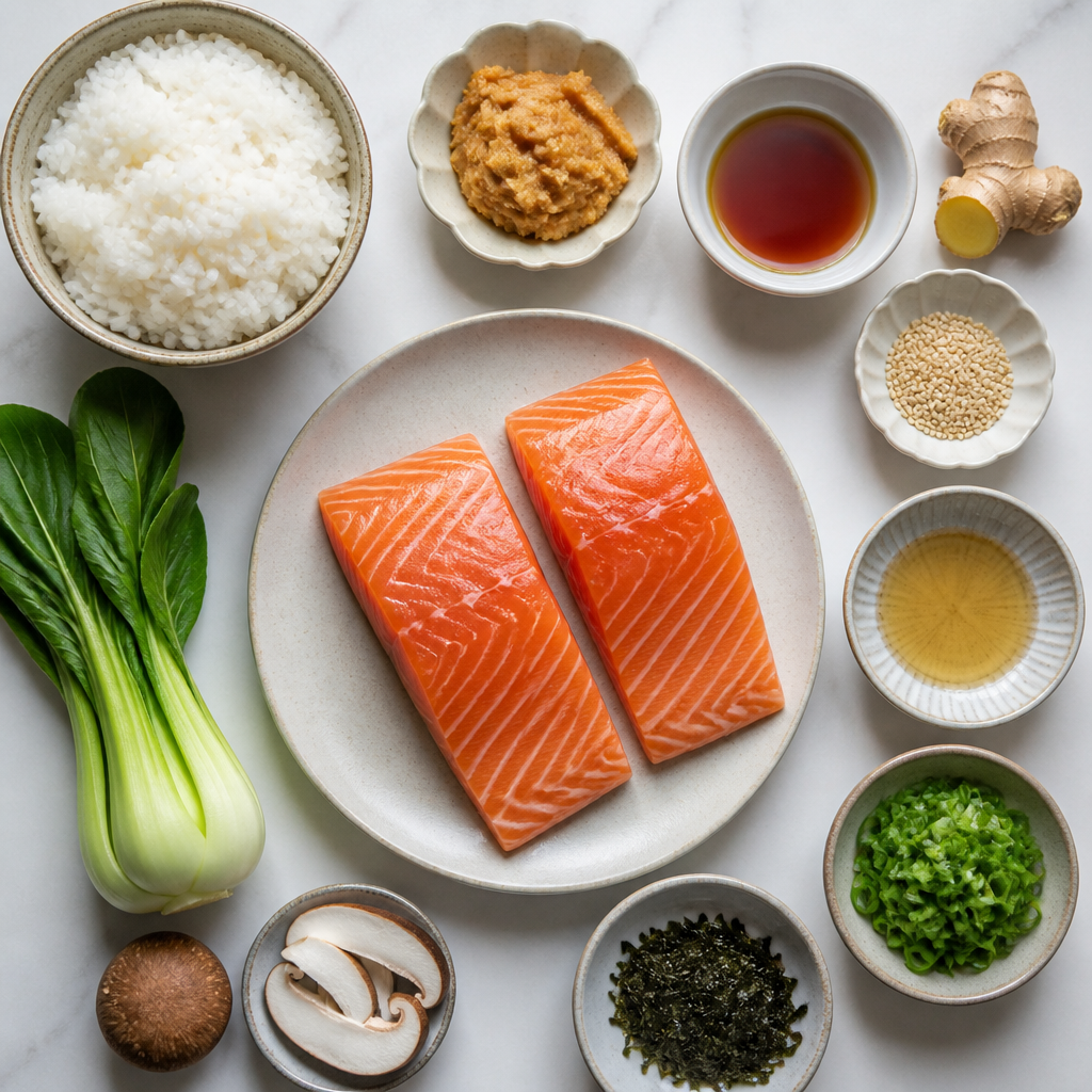 Overhead flat-lay of all ingredients for Miso-Glazed Roasted Salmon Donburi laid out on a kitchen surface.