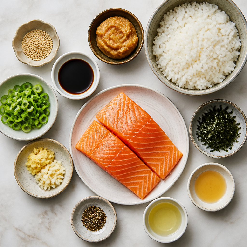 Overhead flat-lay of all ingredients for Miso-Glazed Salmon Donburi laid out on a kitchen surface.