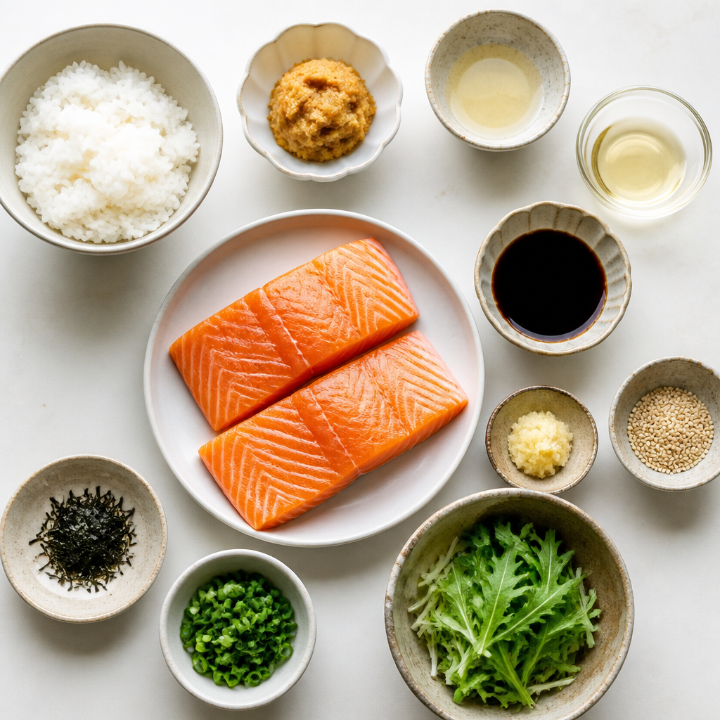 Overhead flat-lay of all ingredients for Miso-Glazed Salmon Donburi laid out on a kitchen surface.