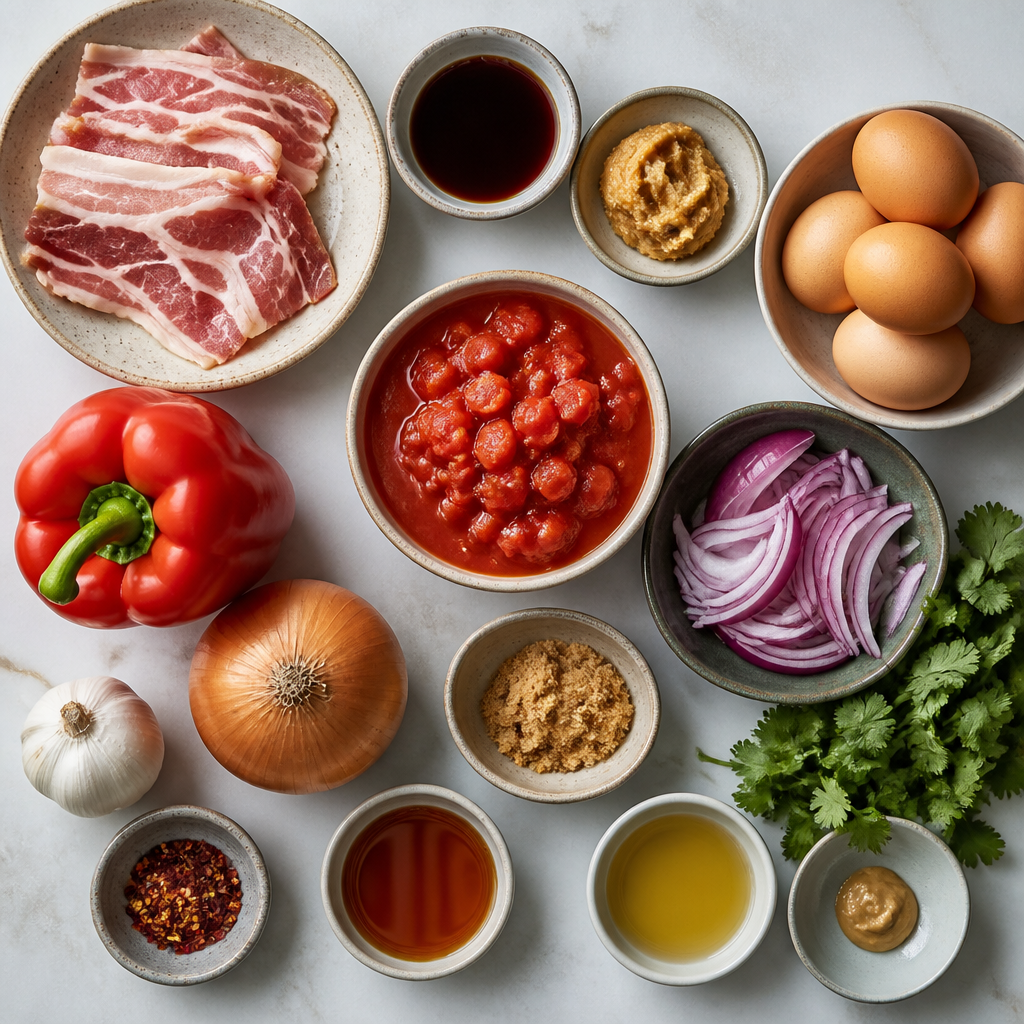 Overhead flat-lay of all ingredients for Miso Maple Glazed Shakshuka with Candied Bacon laid out on a kitchen surface.