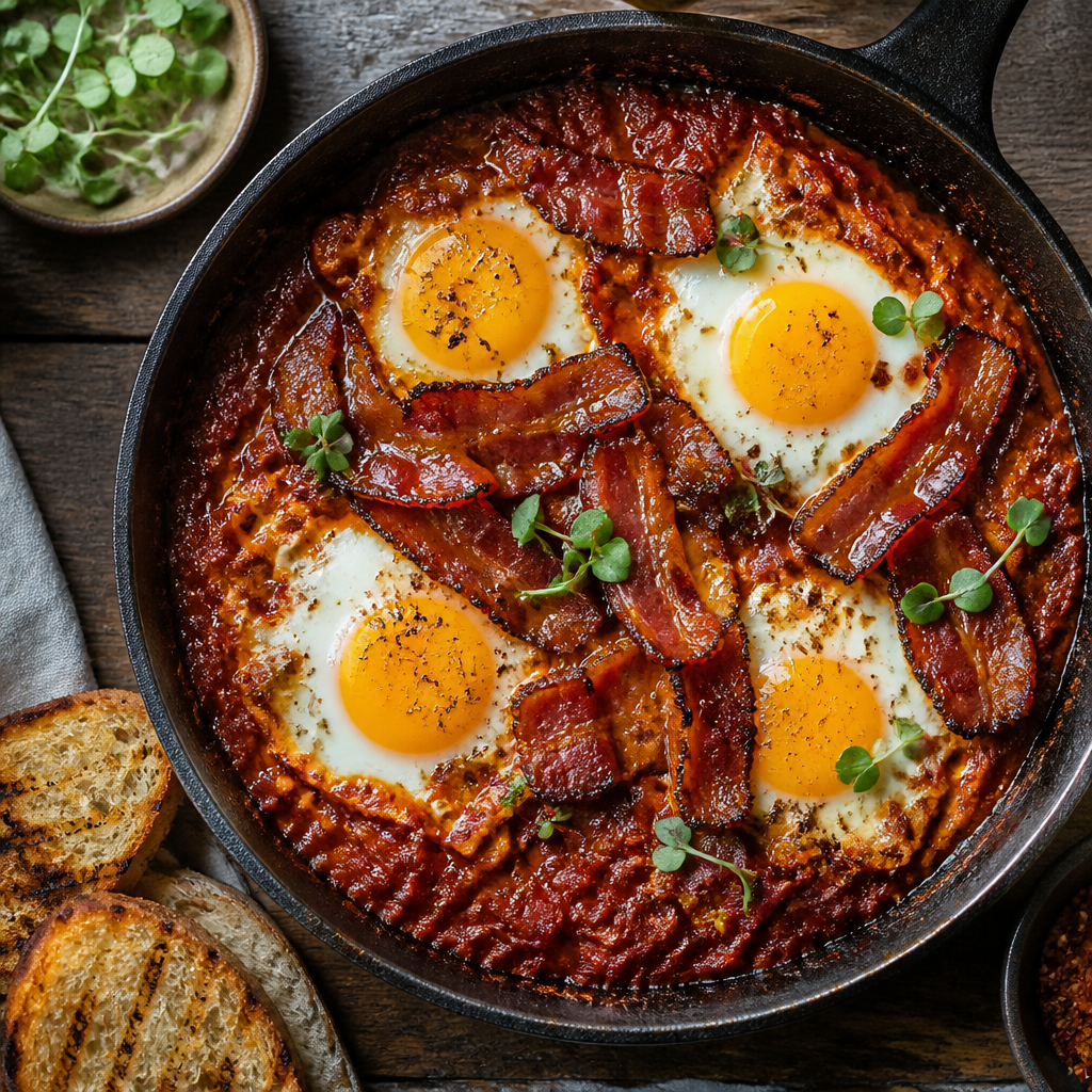Miso Maple Glazed Shakshuka with Candied Bacon