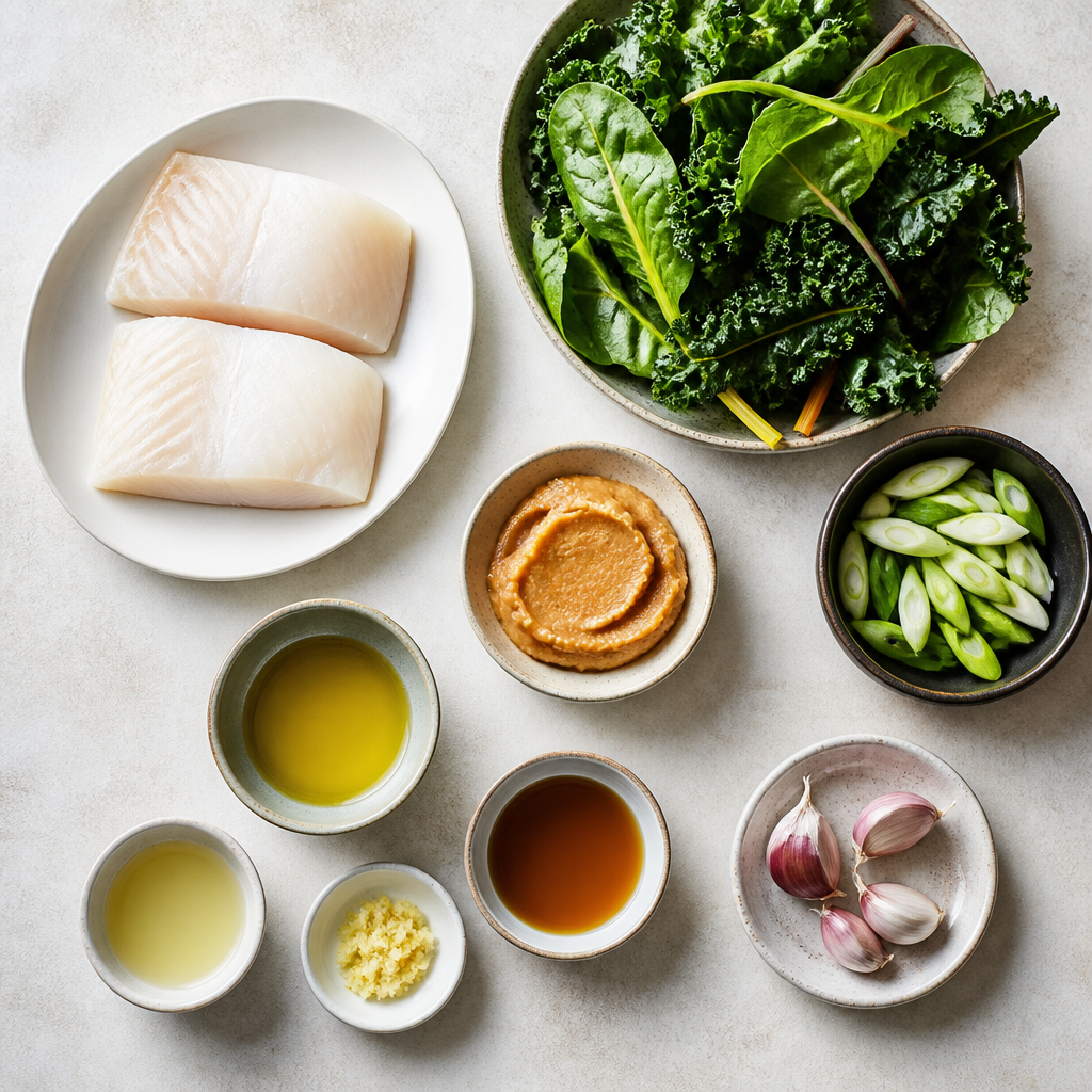 Overhead flat-lay of all ingredients for Miso Marinated Cod With Wilted Summer Greens laid out on a kitchen surface.