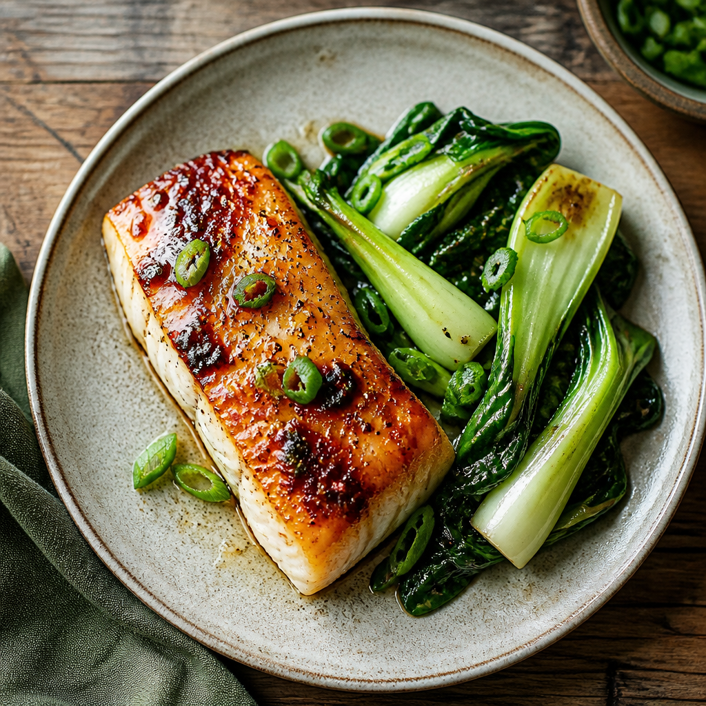 Miso Marinated Cod With Wilted Summer Greens — Japanese Dinner served and photographed from above