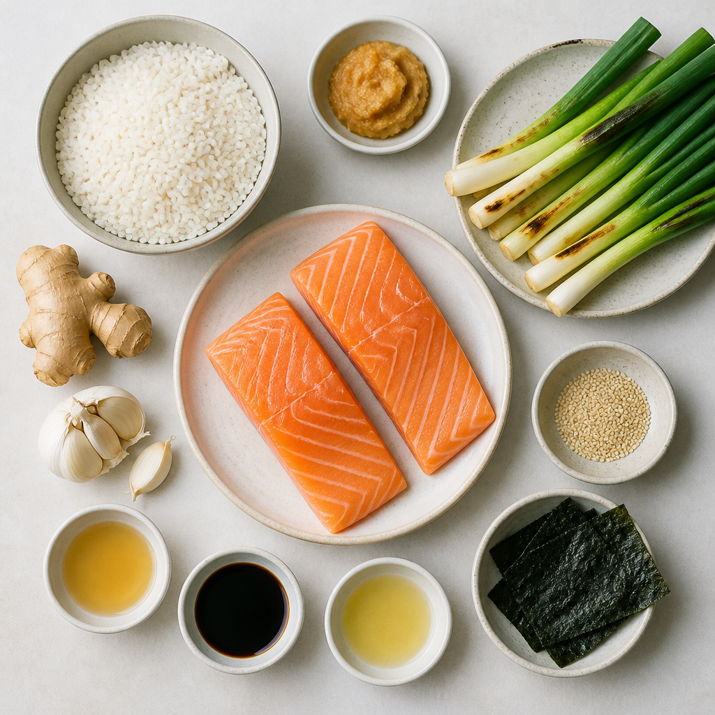 Overhead flat-lay of all ingredients for Miso Salmon With Charred Scallion Rice laid out on a kitchen surface.