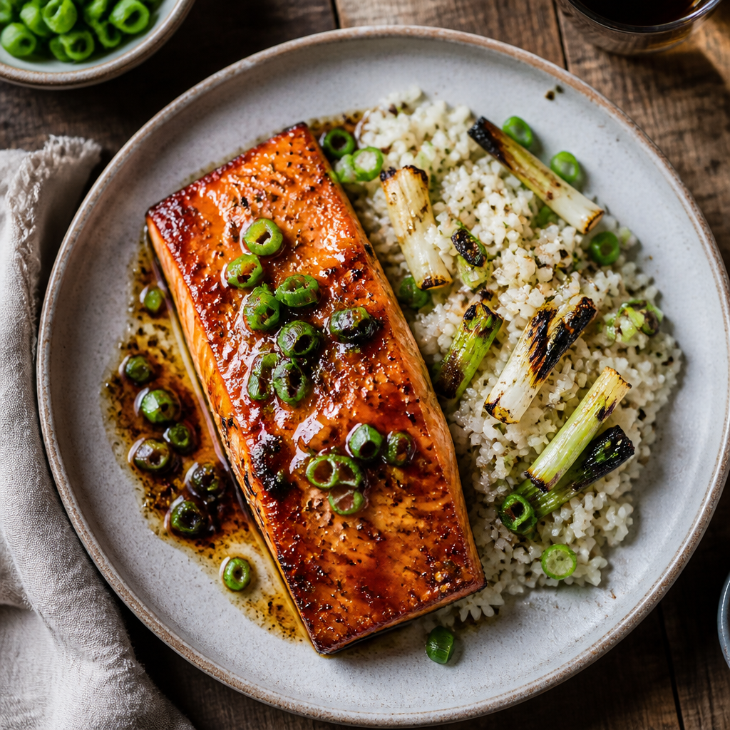 Miso Salmon With Charred Scallion Rice