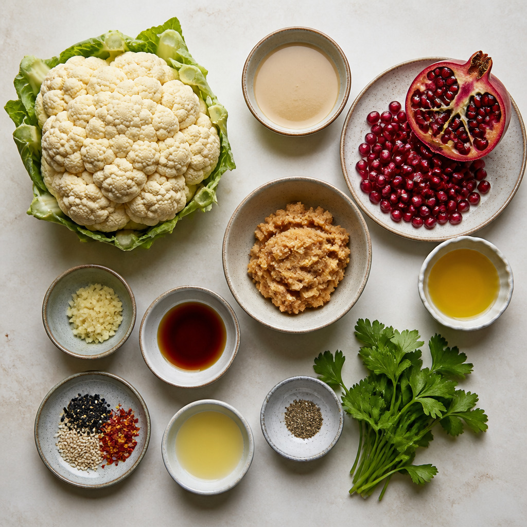 Overhead flat-lay of all ingredients for Miso-Tahini Charred Cauliflower with Pomegranate laid out on a kitchen surface.