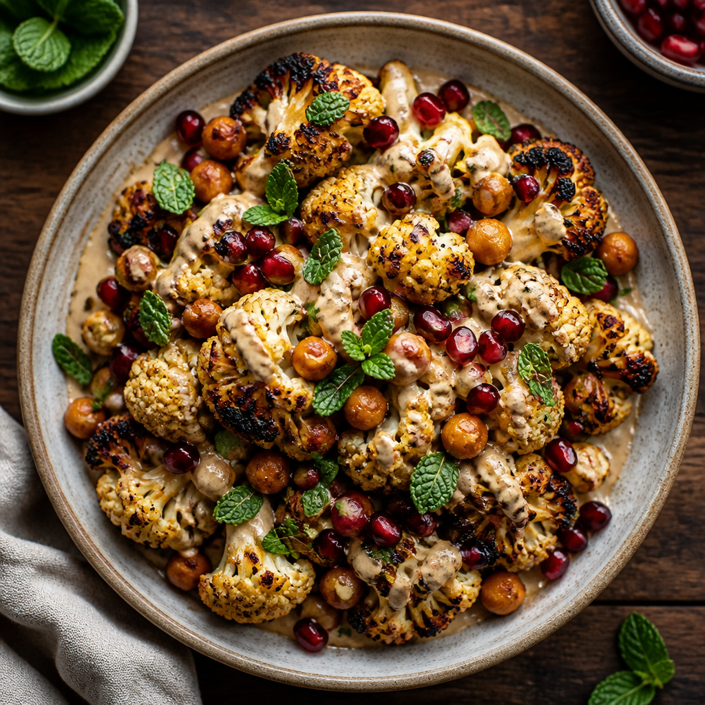 Miso-Tahini Charred Cauliflower with Pomegranate