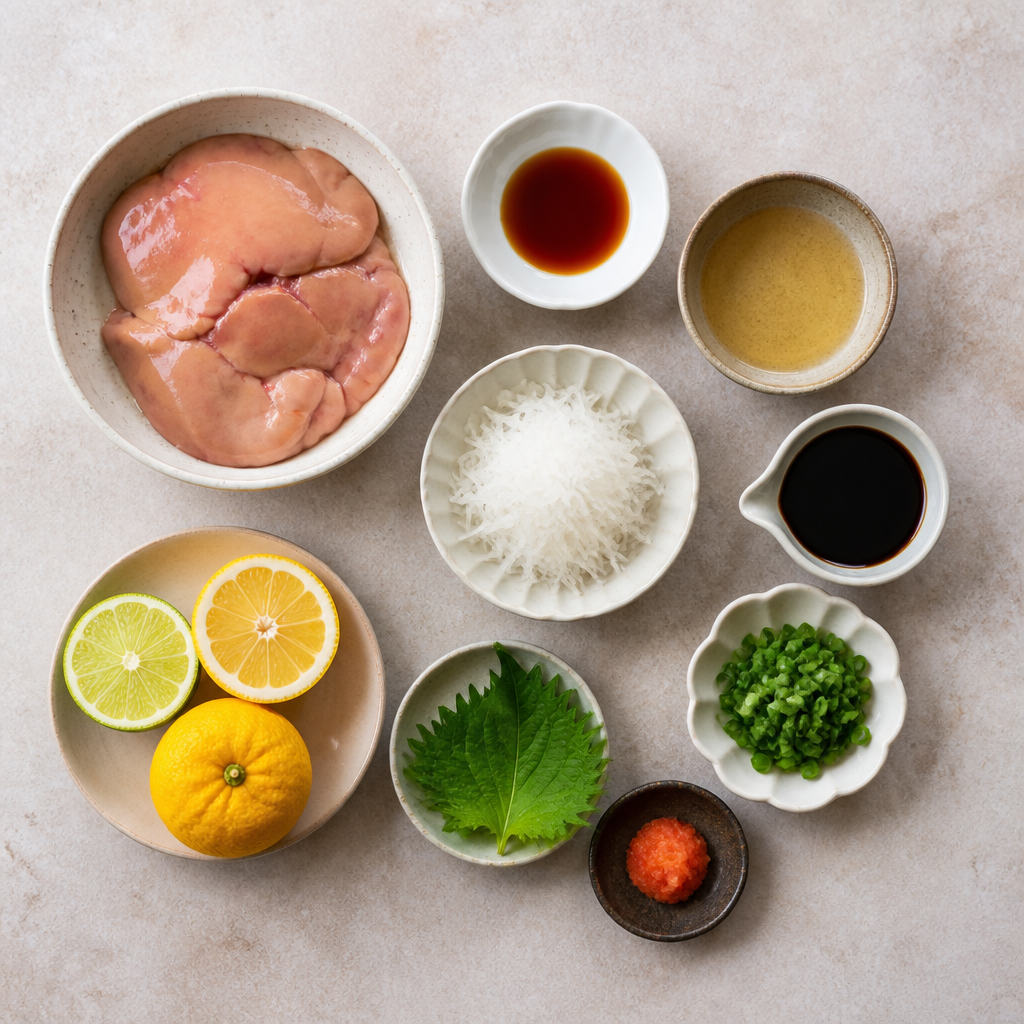 Overhead flat-lay of all ingredients for Monkfish Liver Recipe (Ankimo) with Citrus Ponzu Sauce laid out on a kitchen surface.