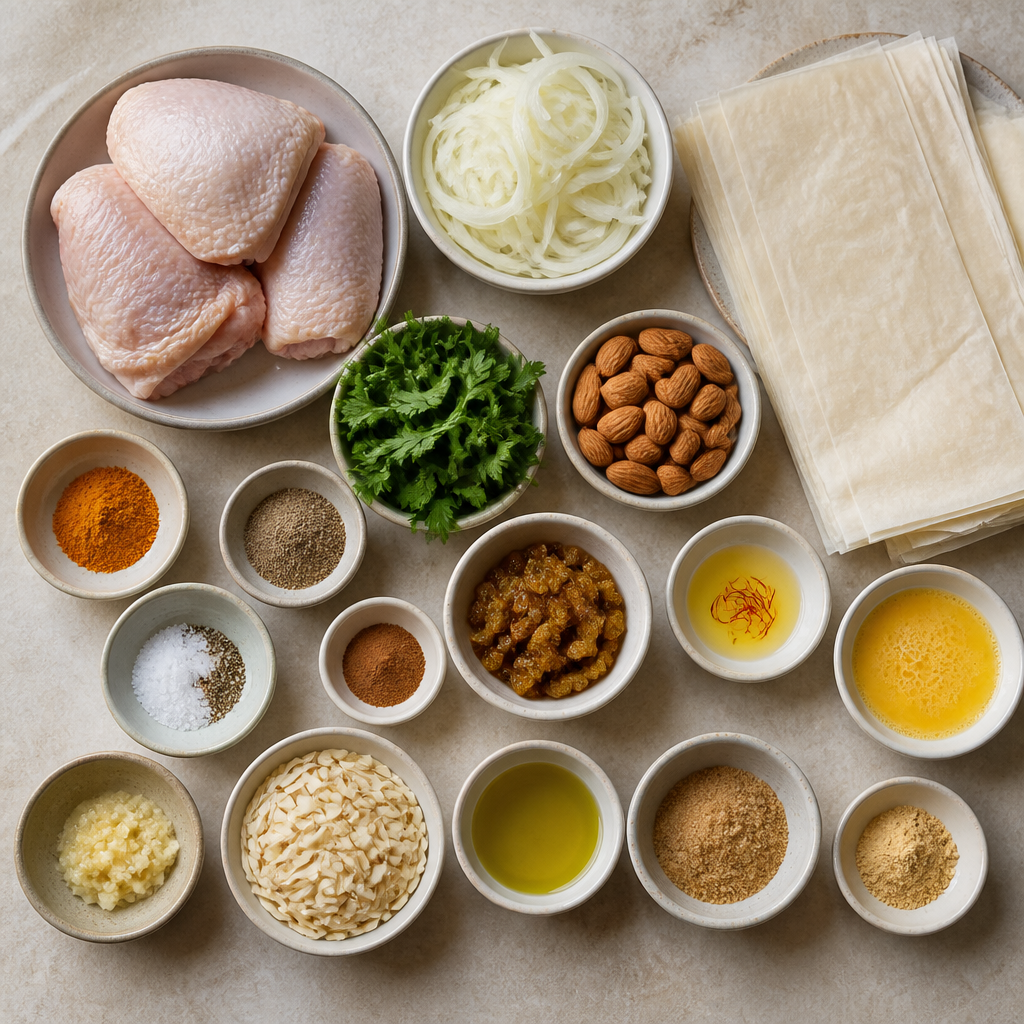 Overhead flat-lay of all ingredients for Moroccan Chicken Pastilla With Crispy Phyllo and Almonds laid out on a kitchen surface.