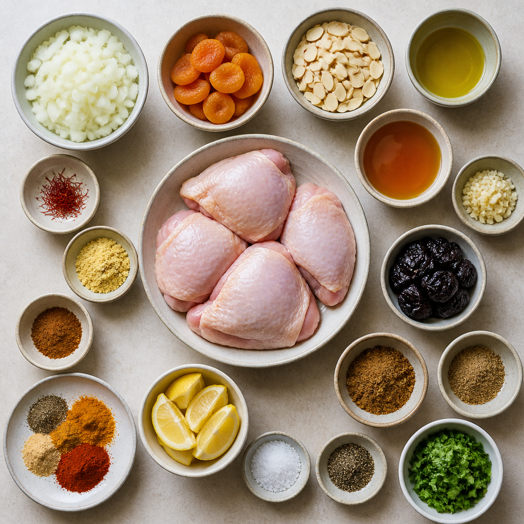Overhead flat-lay of all ingredients for Moroccan Chicken Tagine Recipe with Apricots and Almonds laid out on a kitchen surface.