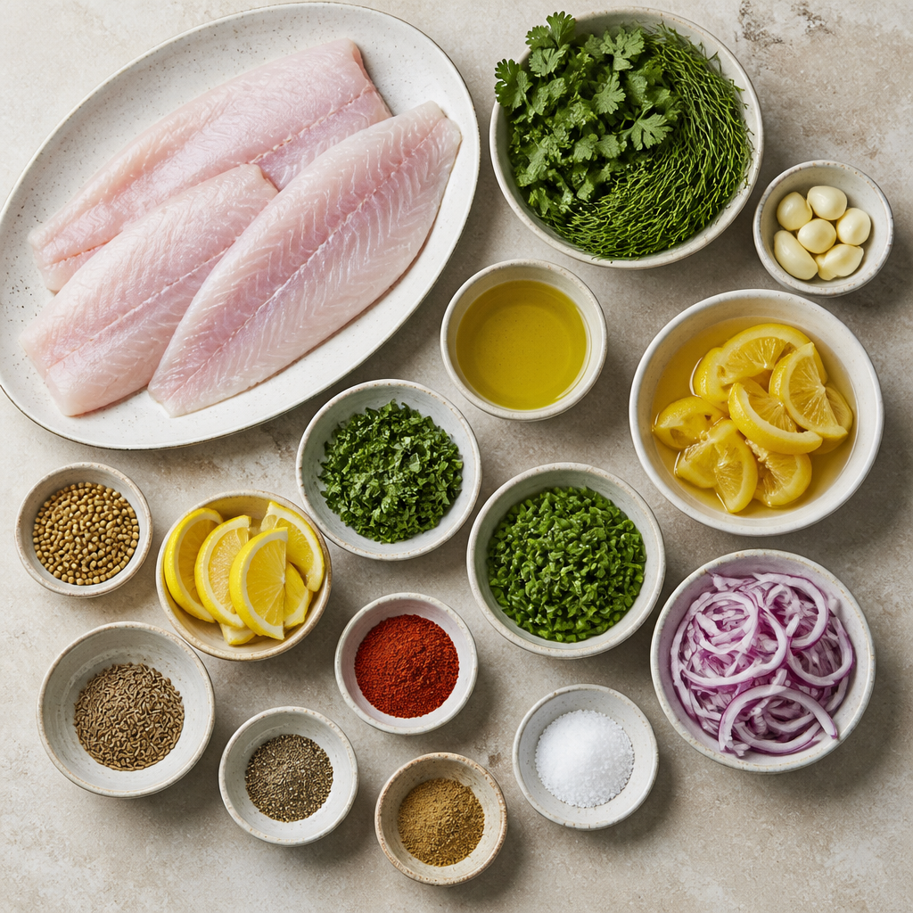 Overhead flat-lay of all ingredients for Moroccan Grilled Fish with Chermoula and Preserved Lemon laid out on a kitchen surface.