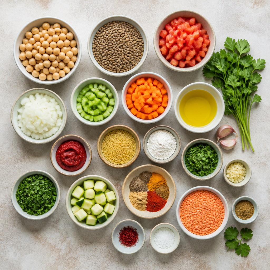 Overhead flat-lay of all ingredients for Moroccan Harira Soup Recipe with Chickpeas and Lentils laid out on a kitchen surface.