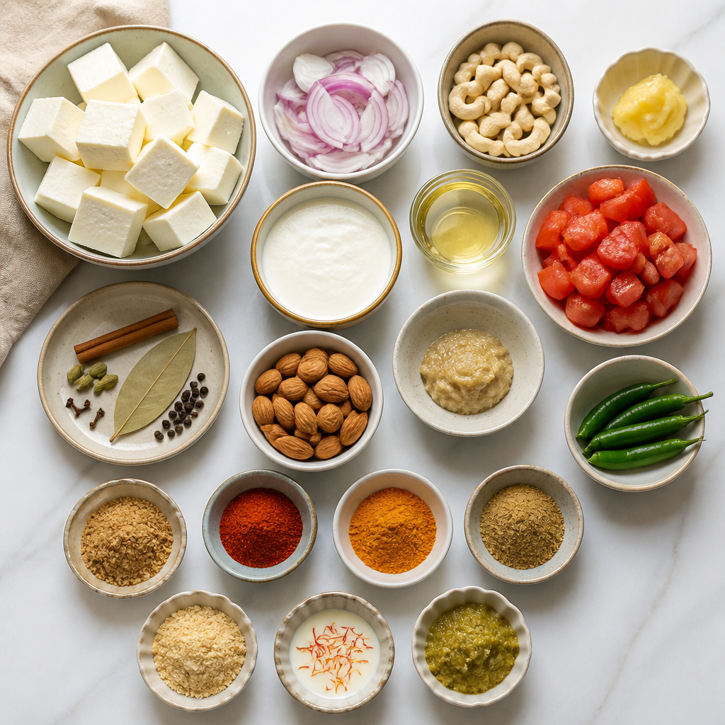Overhead flat-lay of all ingredients for Mughlai Shahi Paneer laid out on a kitchen surface.