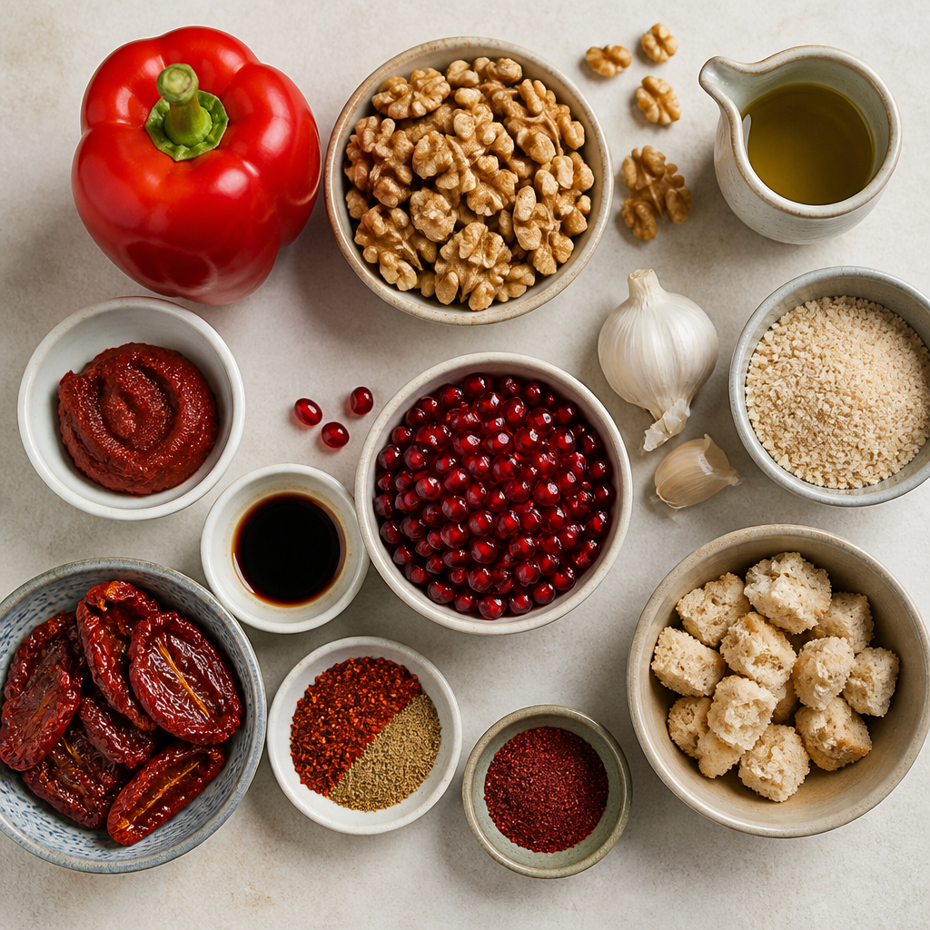 Overhead flat-lay of all ingredients for Muhammara with Pomegranate and Walnuts laid out on a kitchen surface.