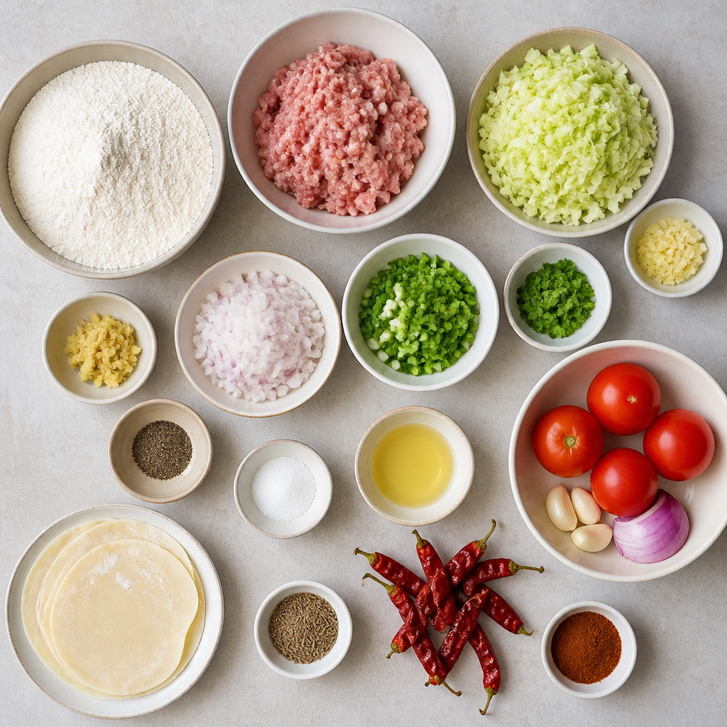 Overhead flat-lay of all ingredients for Nepalese Momo Recipe with Spicy Tomato Chutney laid out on a kitchen surface.