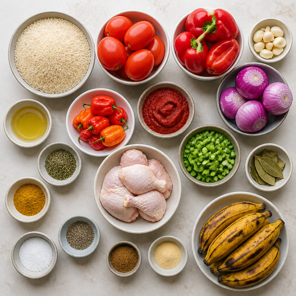 Overhead flat-lay of all ingredients for Nigerian Jollof Rice Recipe with Fried Plantains laid out on a kitchen surface.