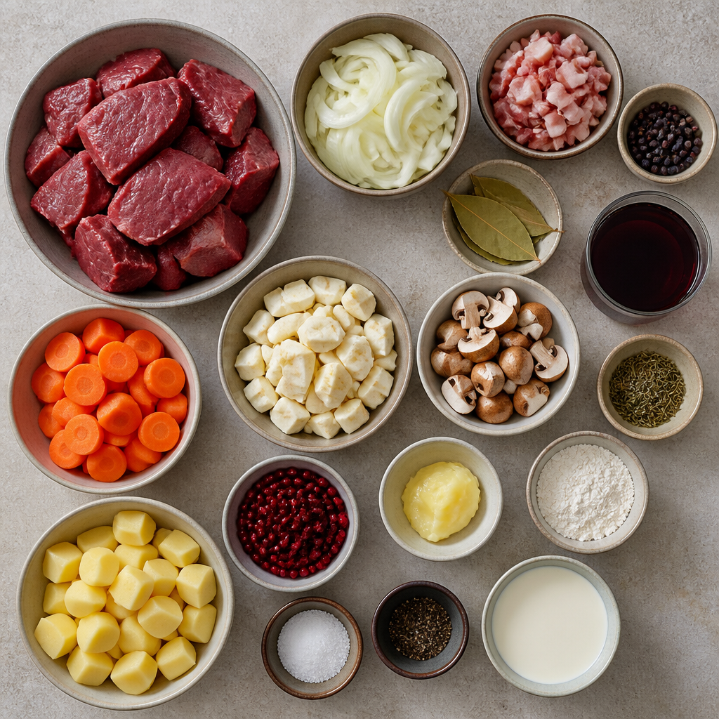 Overhead flat-lay of all ingredients for Norwegian Reindeer Stew (Finnbiff) with Wild Lingonberries laid out on a kitchen surface.