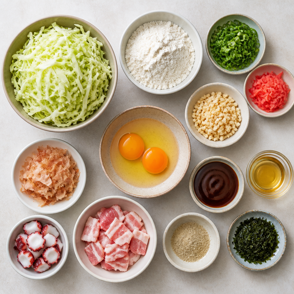 Overhead flat-lay of all ingredients for Okonomiyaki Recipe for Savory Japanese Cabbage Pancakes laid out on a kitchen surface.
