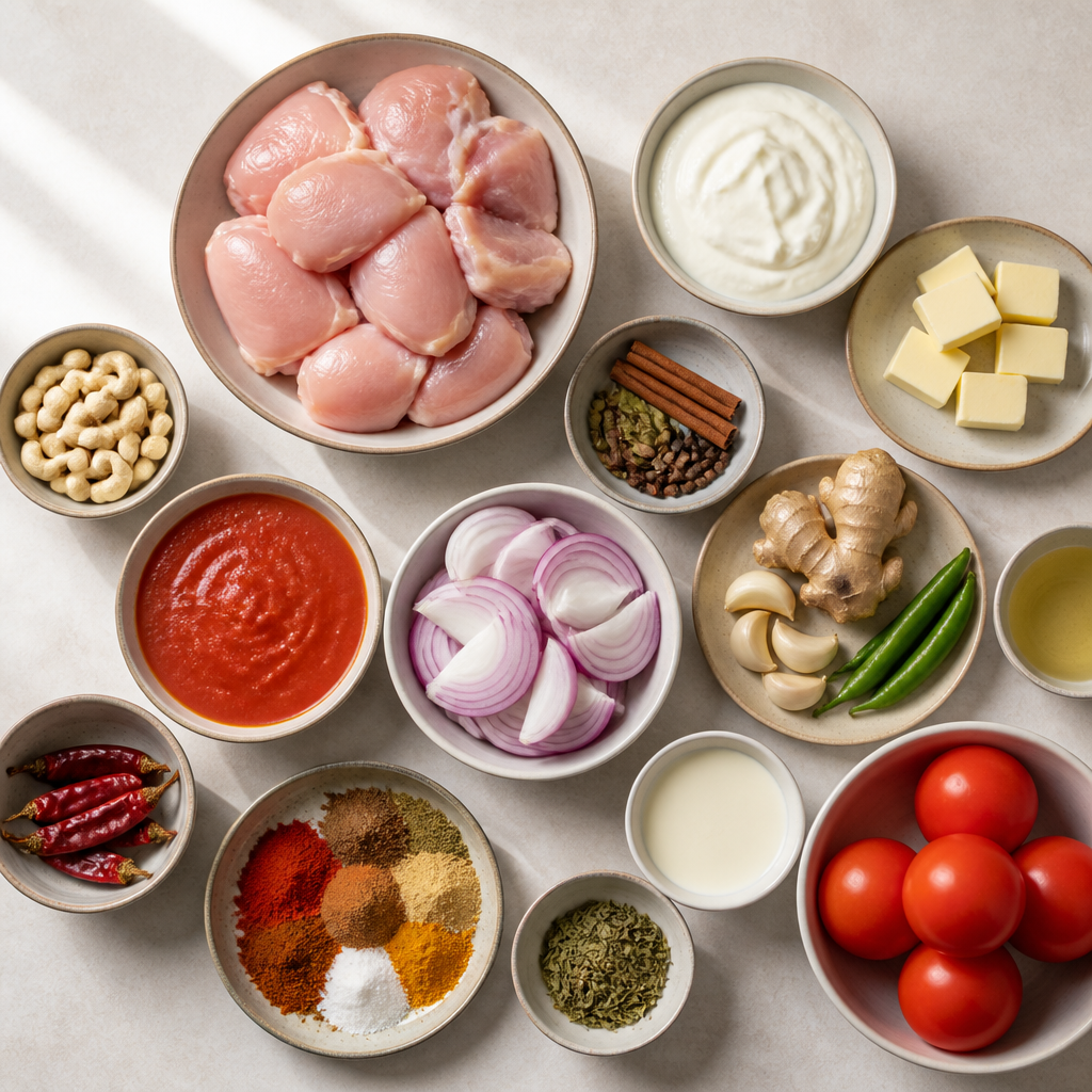 Overhead flat-lay of all ingredients for Old Delhi Style Butter Chicken laid out on a kitchen surface.