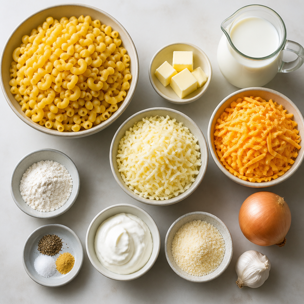 Overhead flat-lay of all ingredients for Old-Fashioned Skillet Macaroni and Cheese laid out on a kitchen surface.
