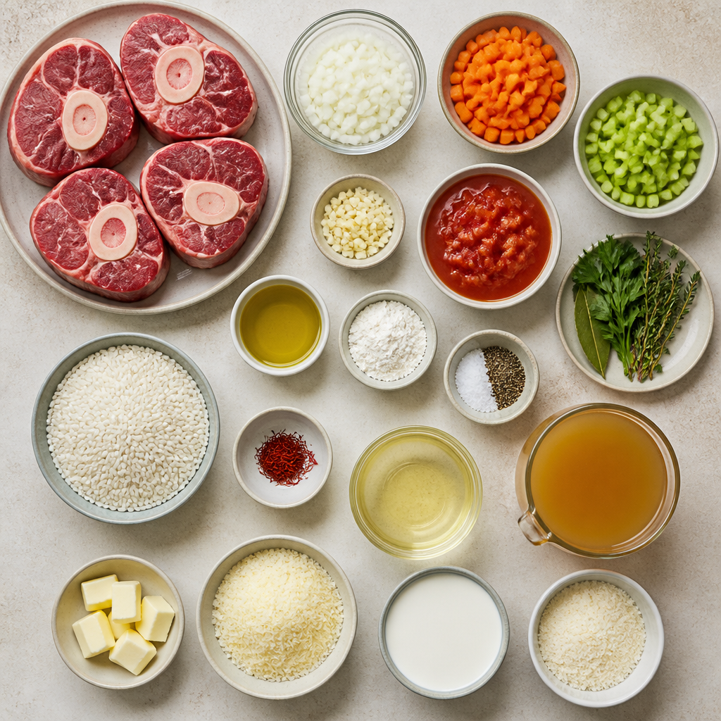 Overhead flat-lay of all ingredients for Osso Buco Recipe with Creamy Saffron Risotto laid out on a kitchen surface.