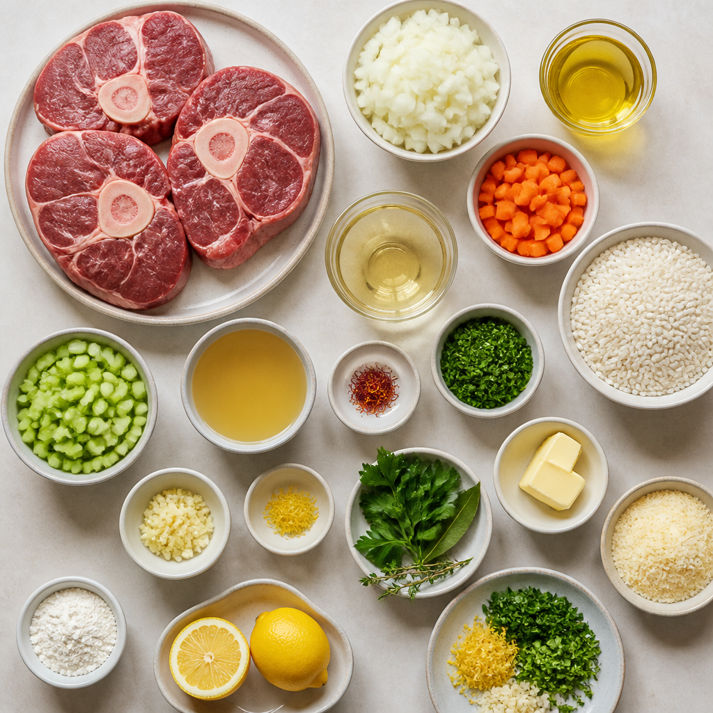 Overhead flat-lay of all ingredients for Ossobuco alla Milanese Recipe with Saffron Risotto and Gremolata laid out on a kitchen surface.