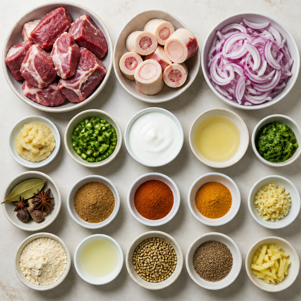 Overhead flat-lay of all ingredients for Pakistani Beef Nihari with Bone Marrow and Spices laid out on a kitchen surface.
