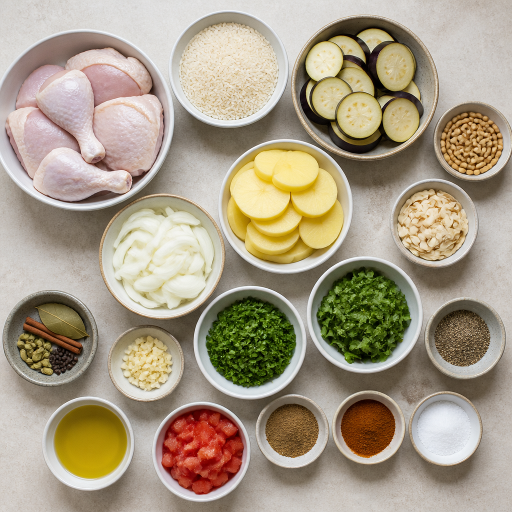 Overhead flat-lay of all ingredients for Palestinian Chicken Maqluba with Fried Eggplant and Rice laid out on a kitchen surface.