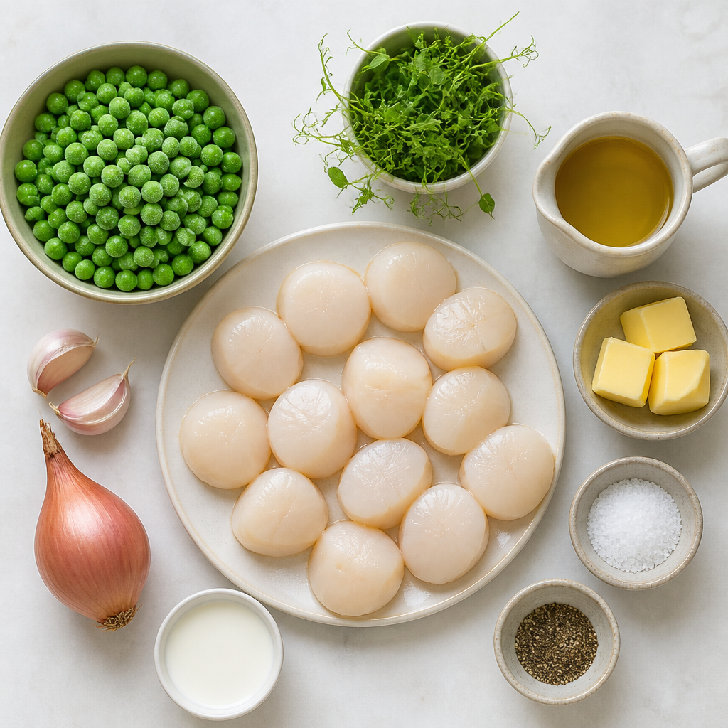 Overhead flat-lay of all ingredients for Pan Seared Scallops With Pea Puree laid out on a kitchen surface.